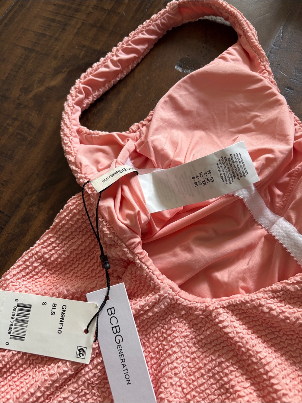 BCBGeneration High Cut Cheeky Textured One-Piece Swimsuit S Peach - Picture 8 of 8